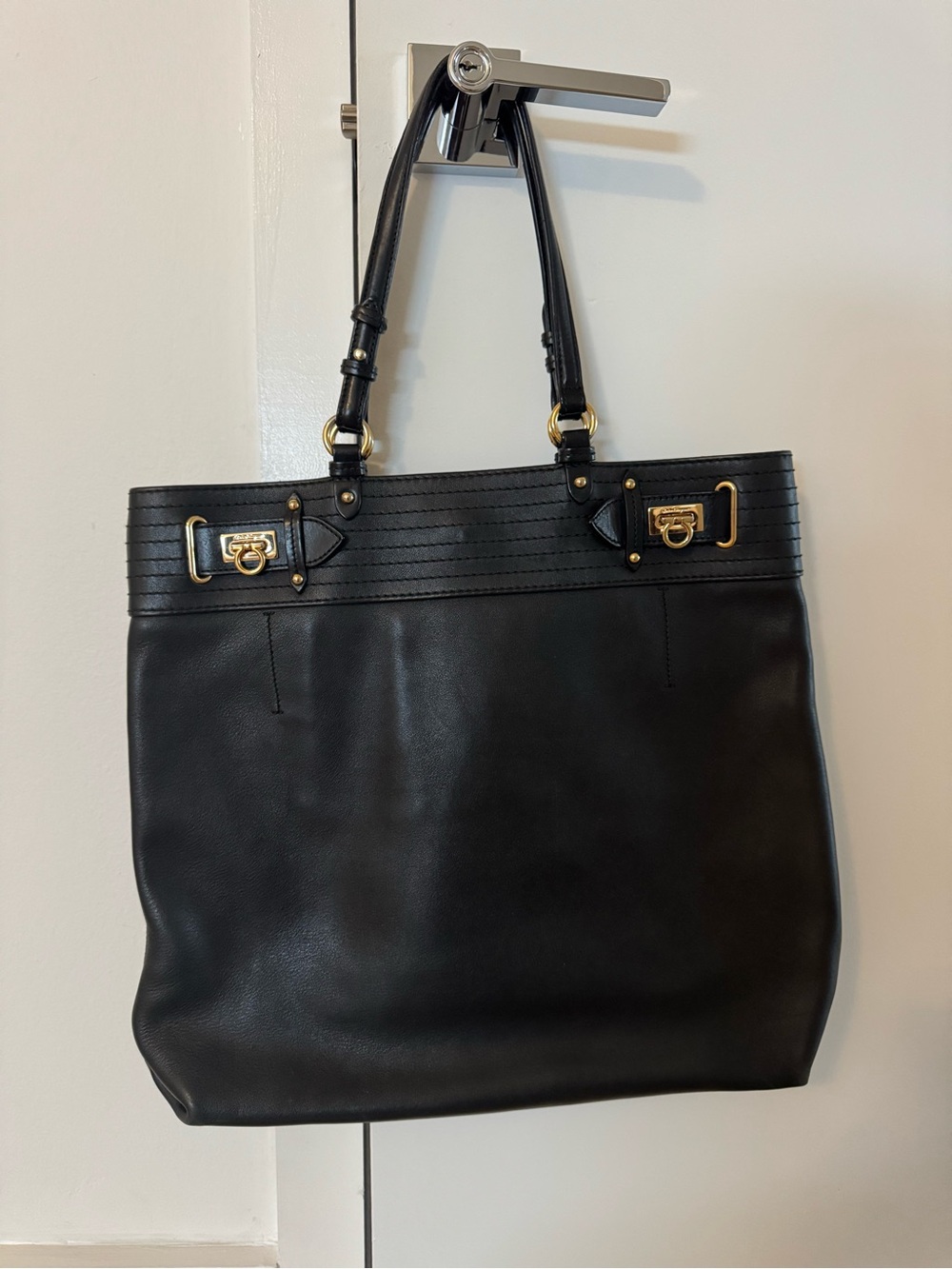 Salvatore Ferragamo Black Leather Shoulder Tote with Gold Hardware
